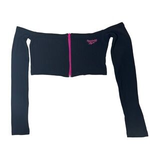 Reebok Black Long-Sleeve Crop Top with Pink Zipper and Embroidered Logo